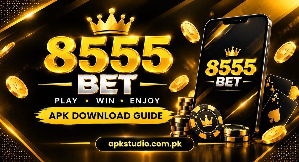 8555Bet APK download guide featuring a gold and black gaming design, 8555Bet branding, smartphone, casino chips, coins, and the website apkstudio.com.pk.
