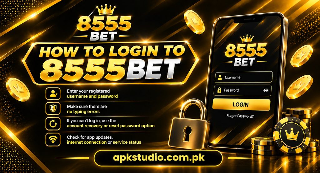 8555Bet login guide featuring a gold and black design, 8555Bet branding, smartphone login screen, username and password fields, login button, security lock, and apkstudio.com.pk website.