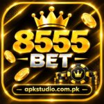 8555Bet promotional preview featuring a gold-and-black design, crown, metallic 8555 BET logo, floating gold coins, poker chips, and the website apkstudio.com.pk.