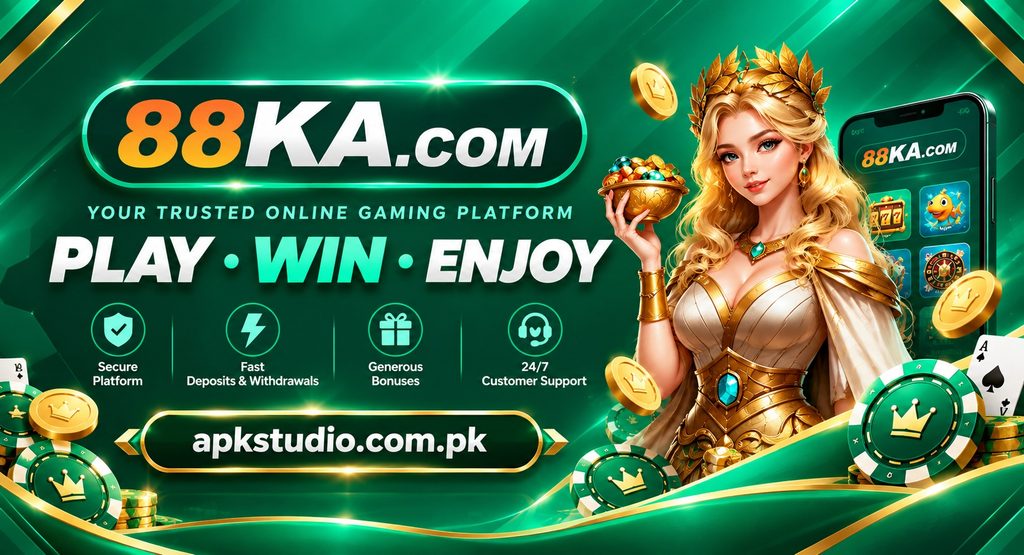 88KA.com promotional banner in a green and gold gaming theme, featuring a crowned female character, smartphone, casino chips, coins, and the website apkstudio.com.pk.
