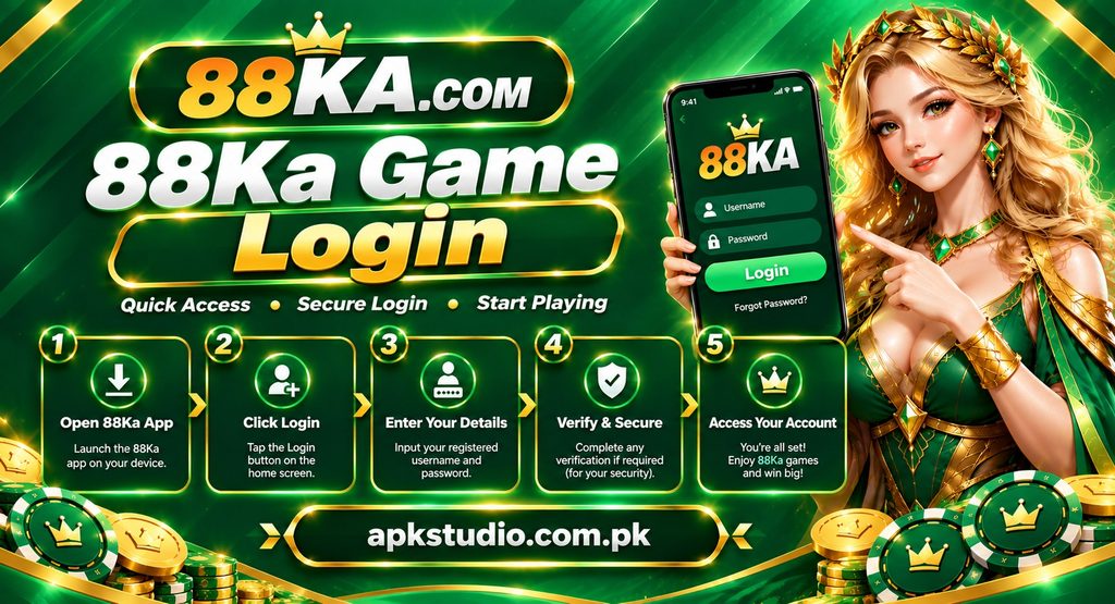 88KA.com game login banner in a green and gold gaming theme, featuring a smartphone login screen, crowned female character, 88KA branding, five login steps, casino chips and coins, and apkstudio.com.pk centered at the bottom.