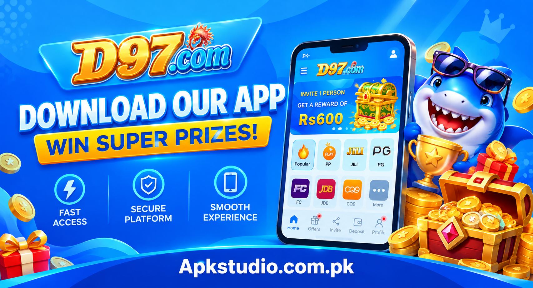D97.com app introduction banner featuring mobile gaming platform and rewards