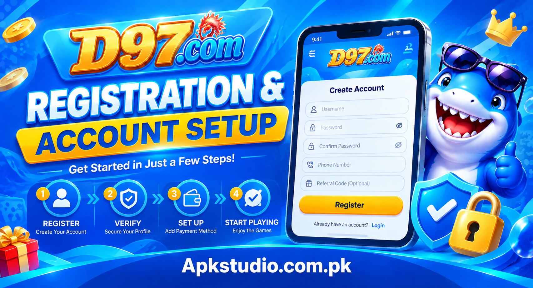 D97.com registration and account setup banner showing a mobile registration interface