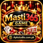 Masti365 Game promotional icon featuring a gold crown, red and gold Masti365 logo, playing cards, poker chips, gold coins, a 777 slot machine, and apkstudio.com.pk.