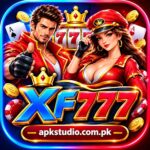“XF777 game preview icon featuring a red-and-blue casino gaming design, 777 slot graphics, crowned logo, gaming characters, and Apkstudio.com.pk branding.”