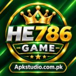 HE786 Game preview icon with a gold crown, bold HE786 logo, green and gold gaming design, and Apkstudio.com.pk branding.