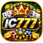 IC777 gaming website icon with gold 777 logo, crown, playing cards, poker chips, and PKR coins