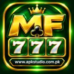 MF777 Game APK preview icon featuring a gold MF logo, crown, green 777 game tiles, and Apkstudio.com.pk branding on a dark green background.