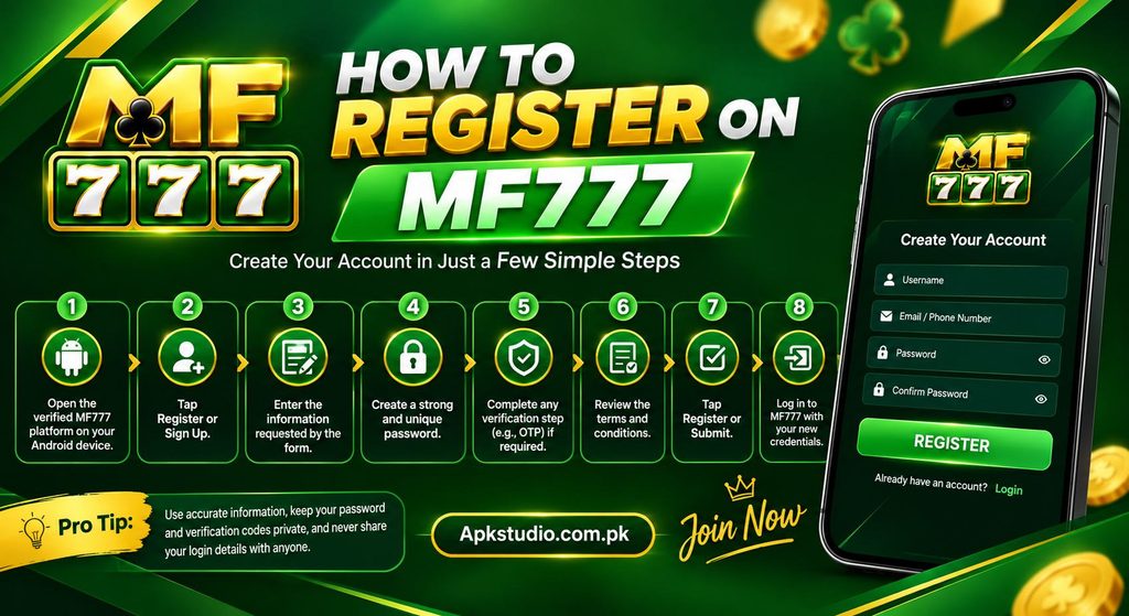 MF777 Game registration banner showing the MF777 logo, step-by-step account registration process, Android app registration screen, and Apkstudio.com.pk website.