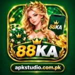 88KA promotional icon in a green and gold theme featuring a crowned female character, smartphone with a login screen, poker chips, playing cards, gold coins, 88KA branding, and apkstudio.com.pk at the bottom.