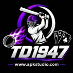 TD1947 Game preview icon featuring a cricket batsman, flaming cricket ball, playing cards, purple accents, and TD1947 branding.