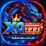XQ777 game preview icon featuring a blue and red dragon, crowned XQ777 logo, 777 gaming graphic, and Apkstudio.com.pk branding.