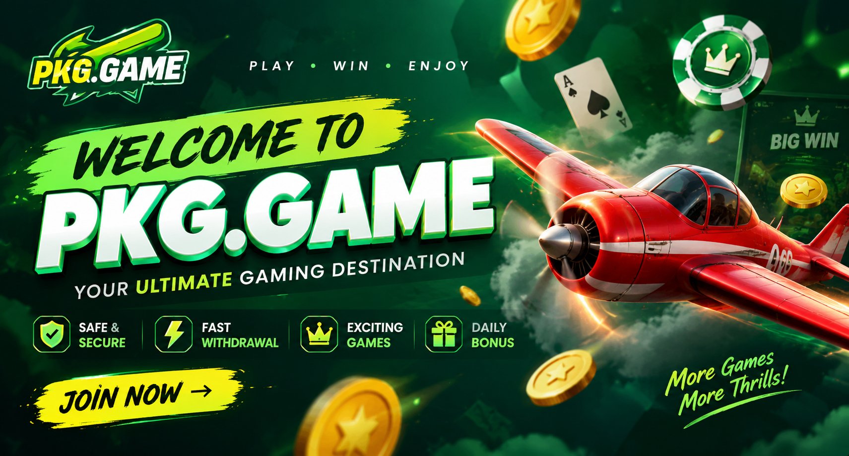 PKG.GAME welcome banner featuring online games, gaming rewards, coins, cards, and a red airplane graphic.
